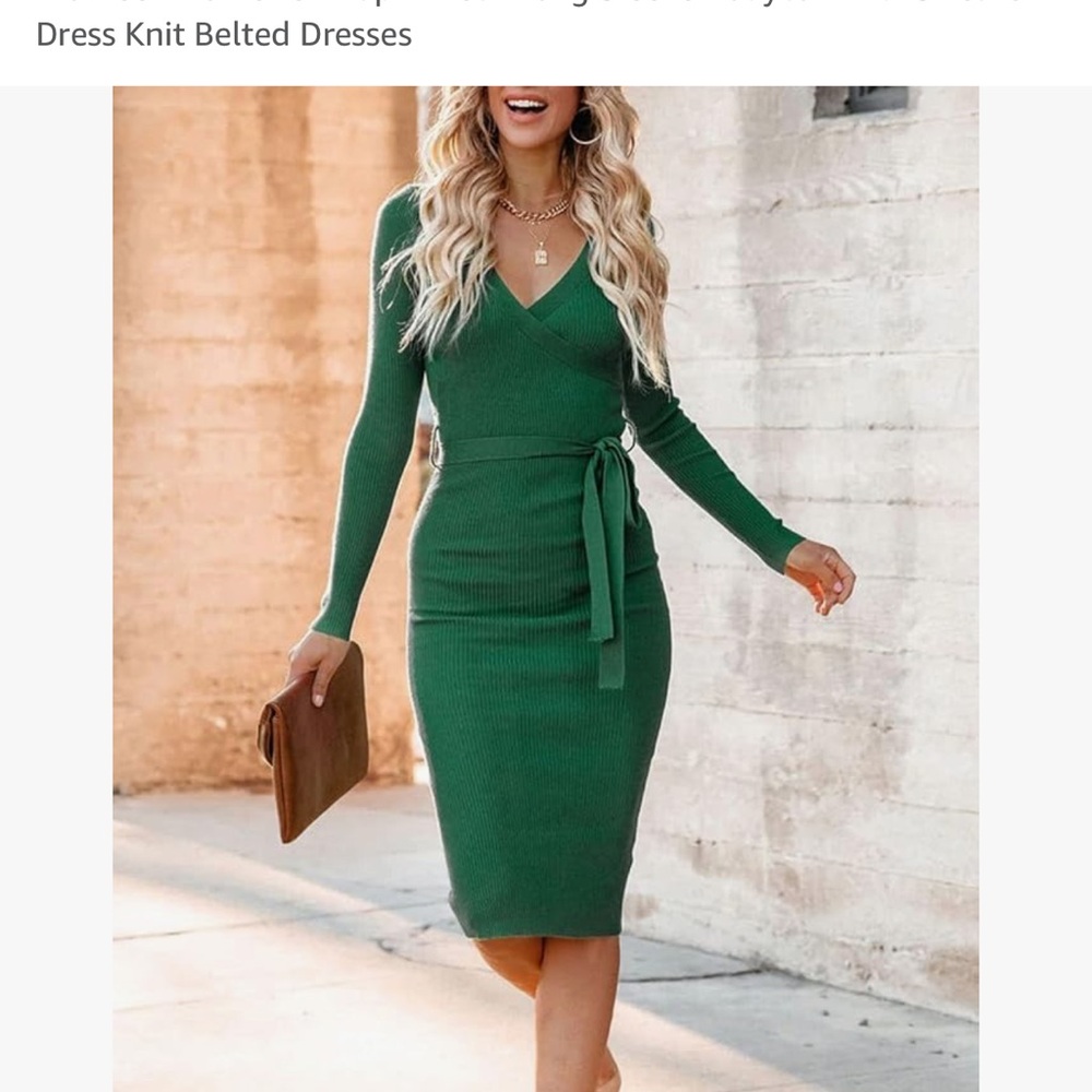 Women’s wrap neck long sleeve body con midi sweater dress knit belted dress S - Picture 4 of 8